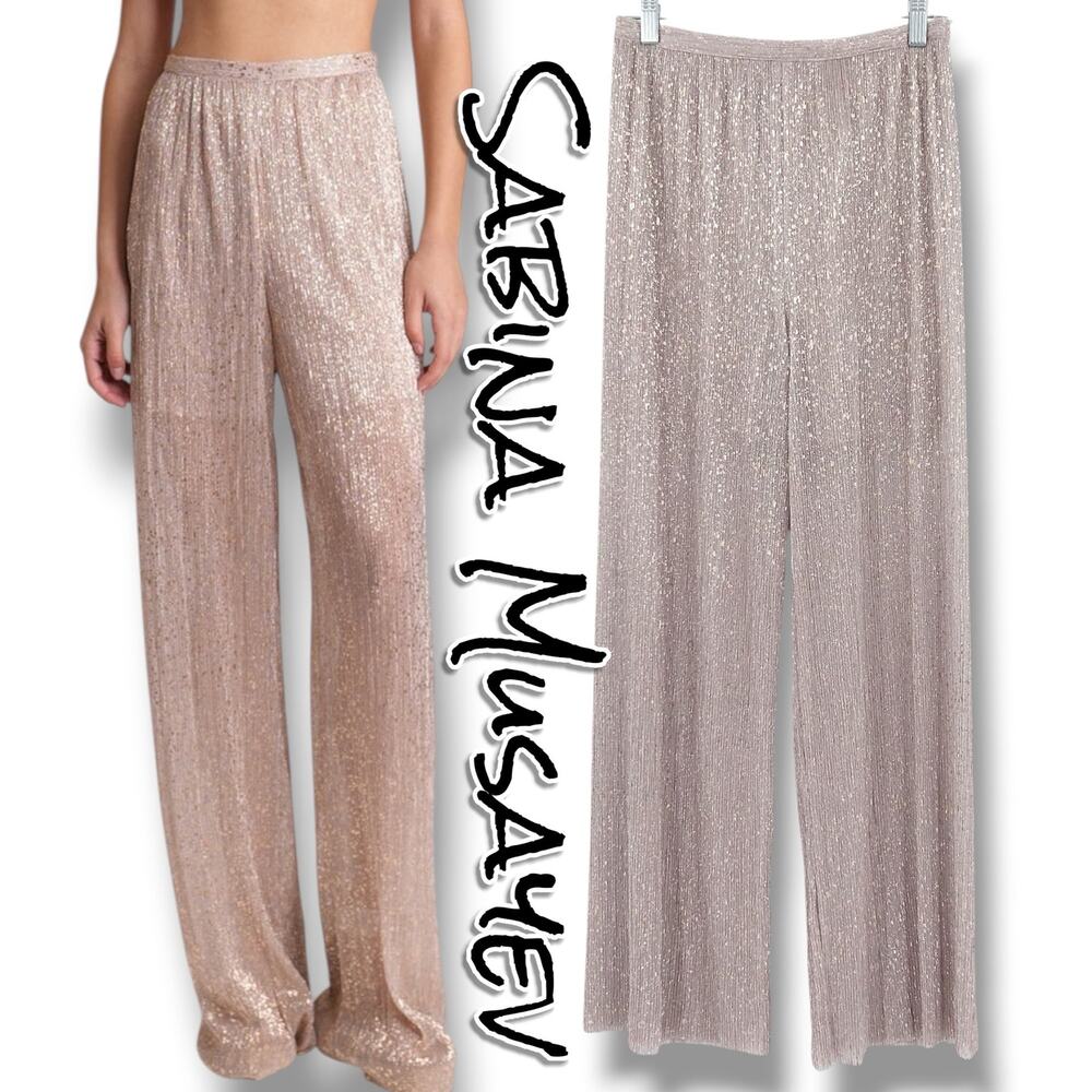 NWT Sabina Musayev Mark Pleated Wide Leg Pants Pearl Blush Foil Metallic Size S